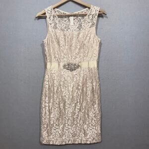 Jessica Howard Retro Champagne Sleeveless Lace Dress 4P Wedding Guest Dress